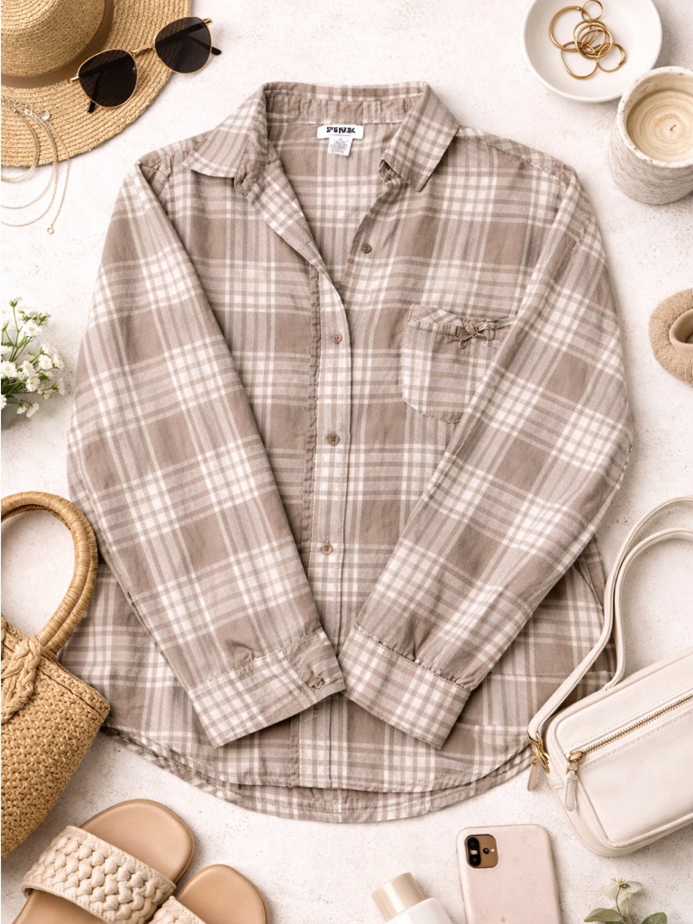 PINK Victoria’s Secret Plaid Button Down Shirt Medium Neutral